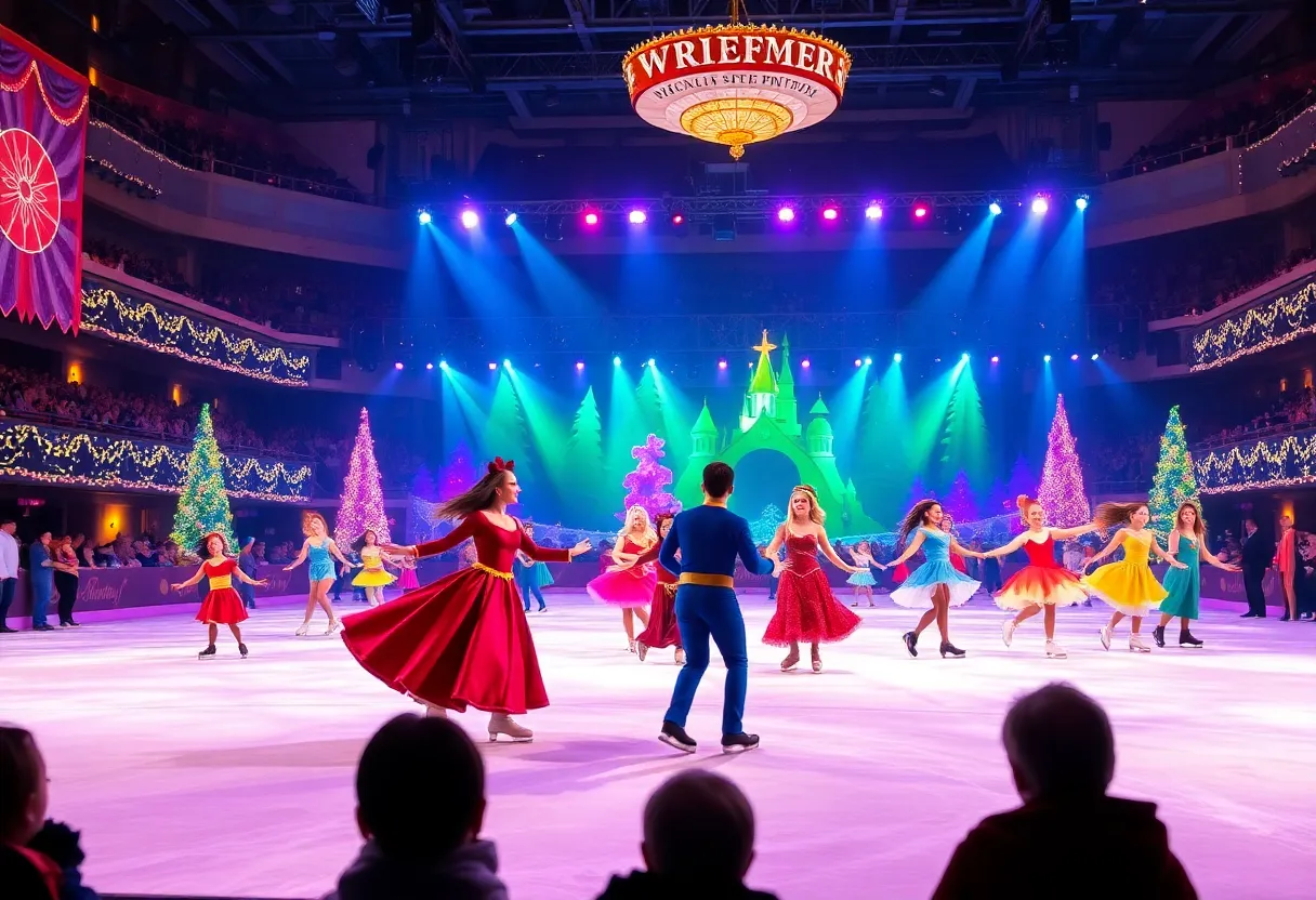 A scene from Disney On Ice featuring colorful characters performing on ice.