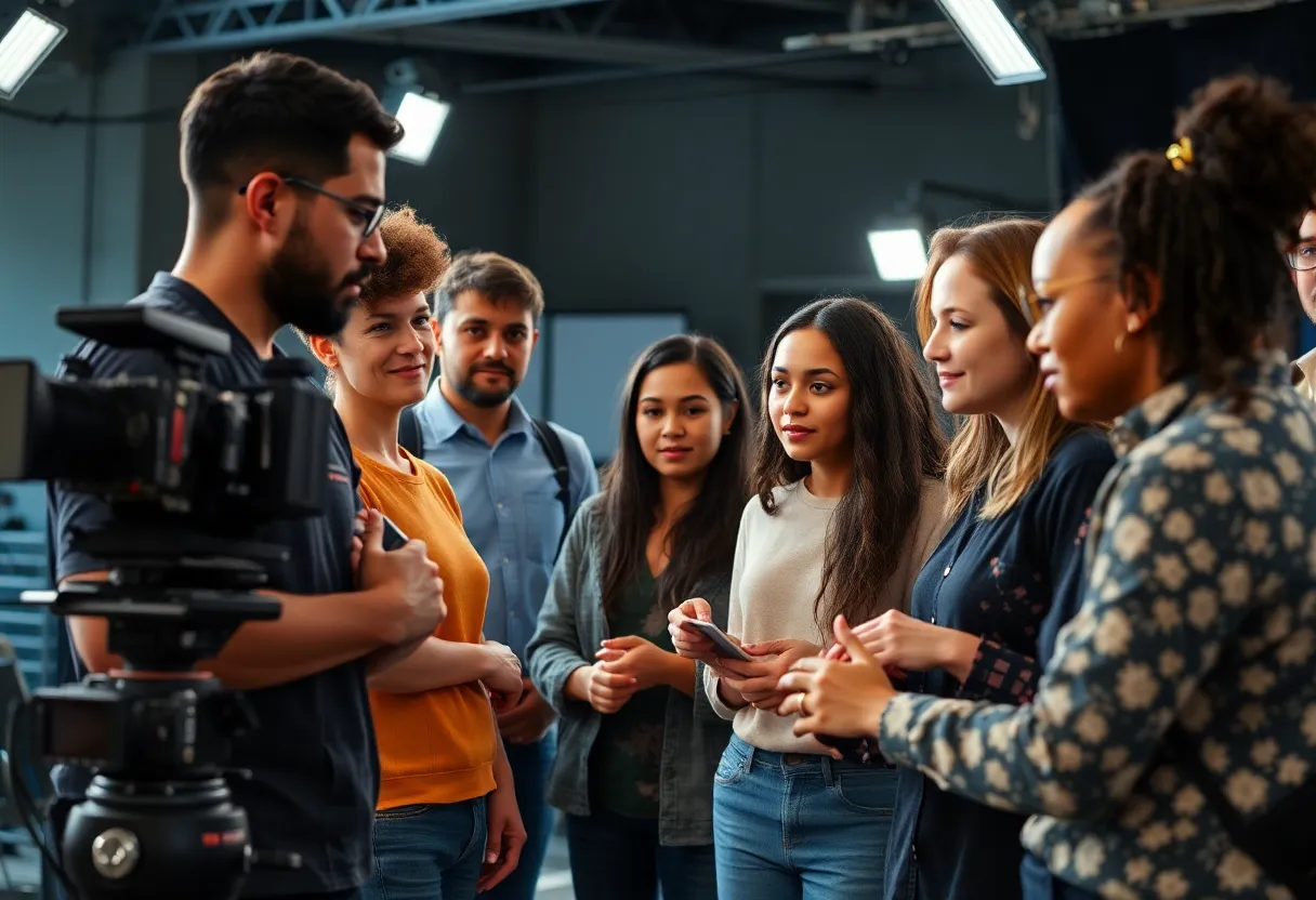 Film crew working together on set, featuring men and women collaborating.