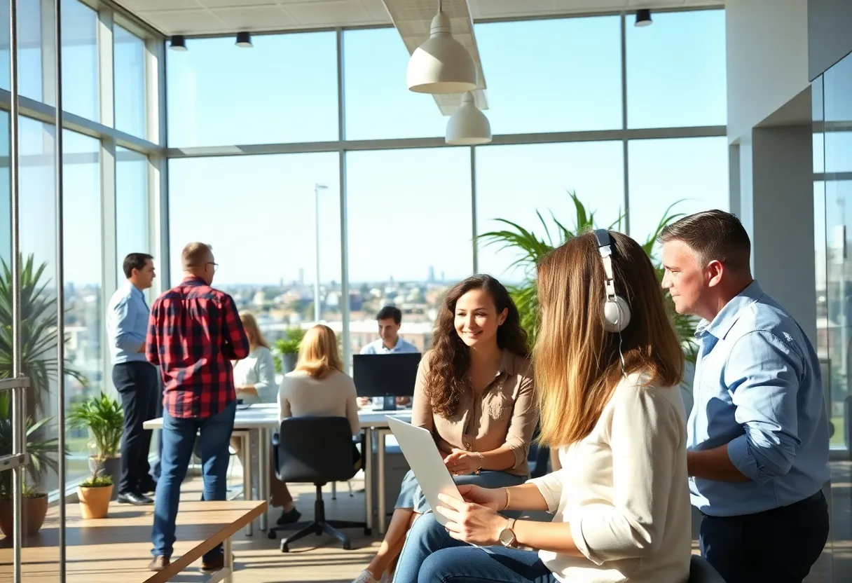 Employees collaborating in a modern office setting at DME Service Solutions