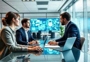 Professionals discussing cybersecurity in a healthcare technology setting.