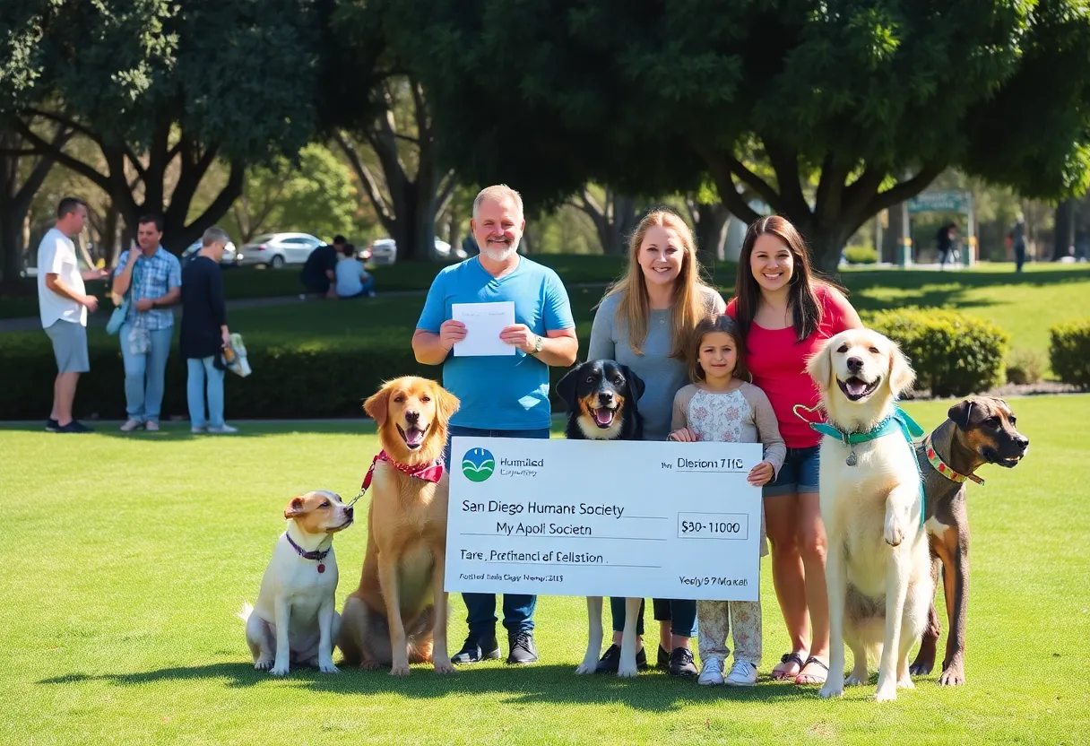 Pet adoption event showing happy families and pets with a large donation check.