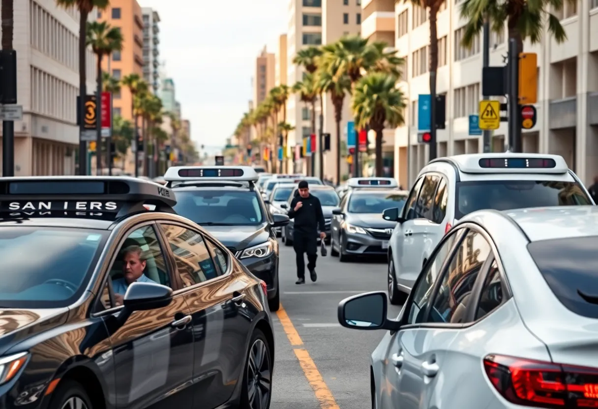 Driverless cars driving on a San Diego street.
