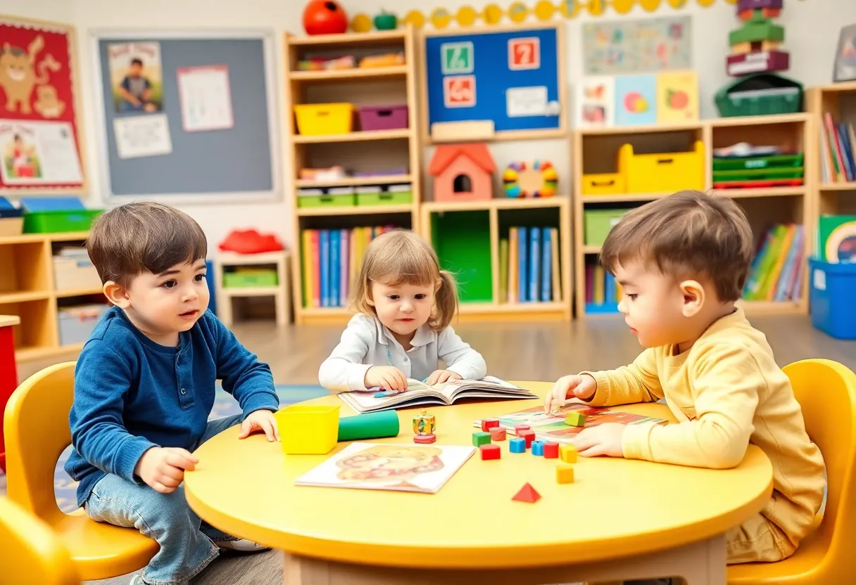 Young children engaged in learning activities in a classroom.