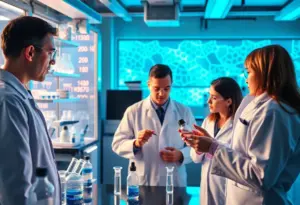 Scientists working in a biotechnology laboratory on autoimmune treatments.