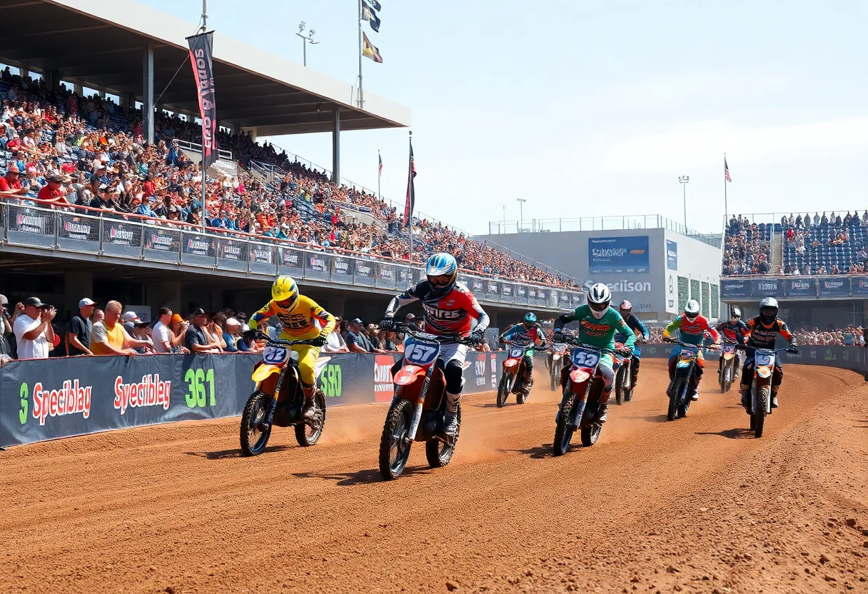 Eli Tomac crossing the finish line triumphant at Supercross