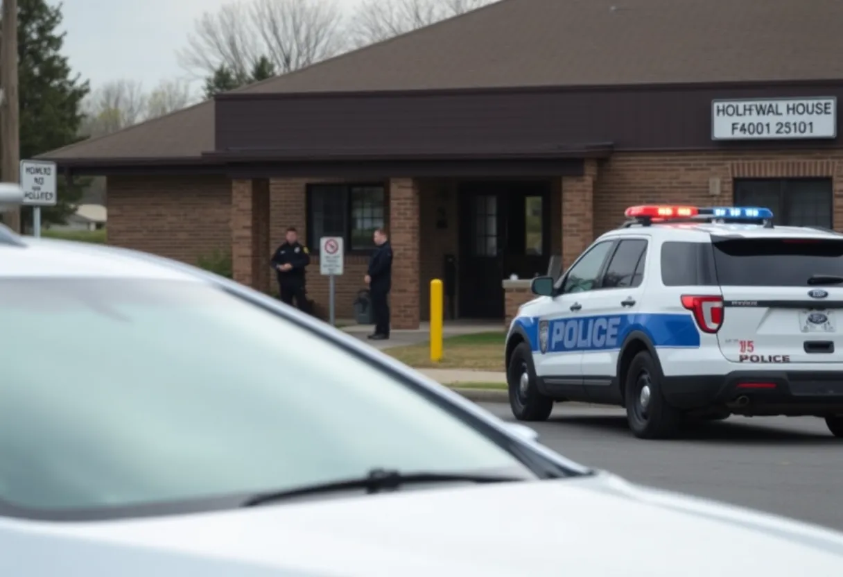 Police officers responding to a situation at a halfway house