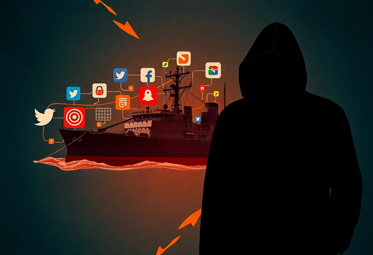 Abstract representation of espionage involving military information and foreign agents.