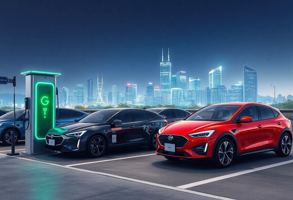Electric vehicles at a charging station with a city skyline in the background.