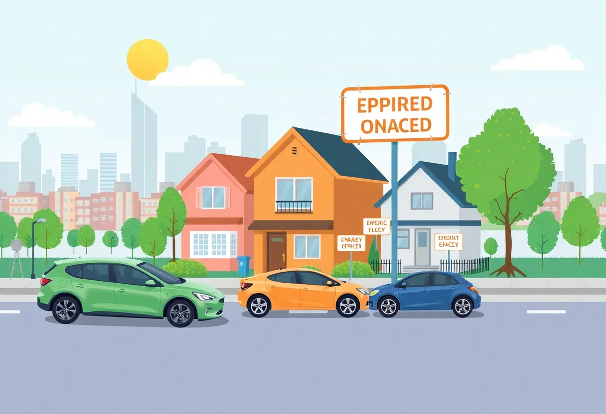 Illustration of electric vehicles and energy-efficient homes with expired tax credit signs.