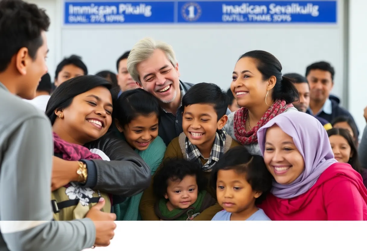 Families reuniting with joy amidst an immigration backdrop.