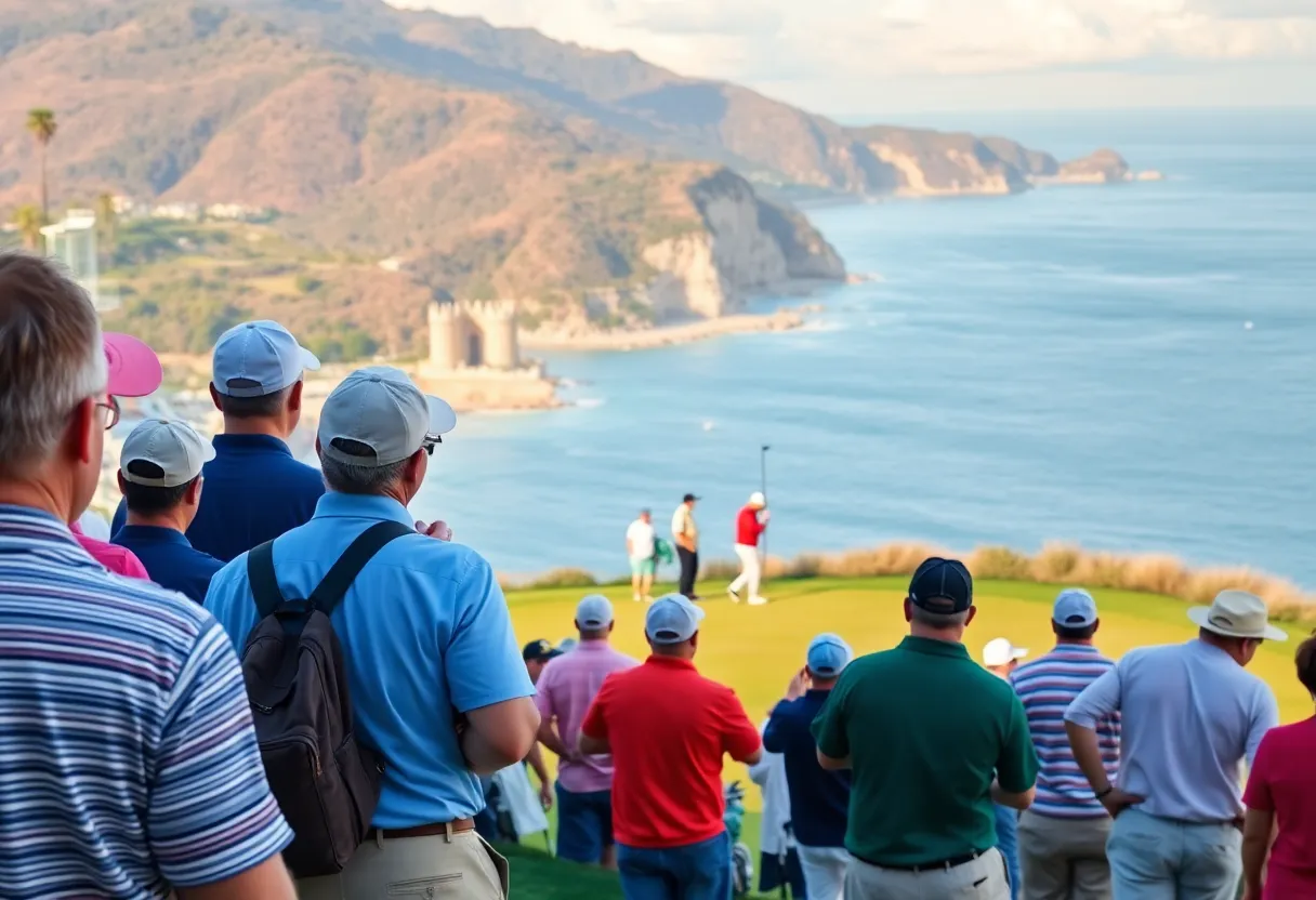 Festival atmosphere at the Farmers Insurance Open with fans playing golf.