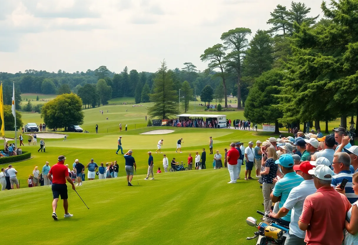 Golf course scene during the Farmers Insurance Open with players and spectators