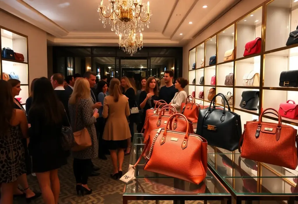 Guests at the Fashionphile book launch surrounded by luxury handbags