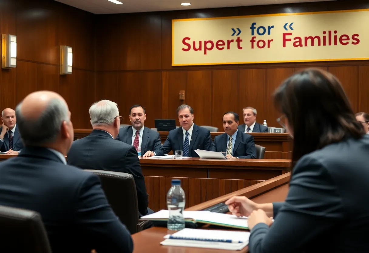 A courtroom scene depicting the legal challenge by states against the federal funding freeze.