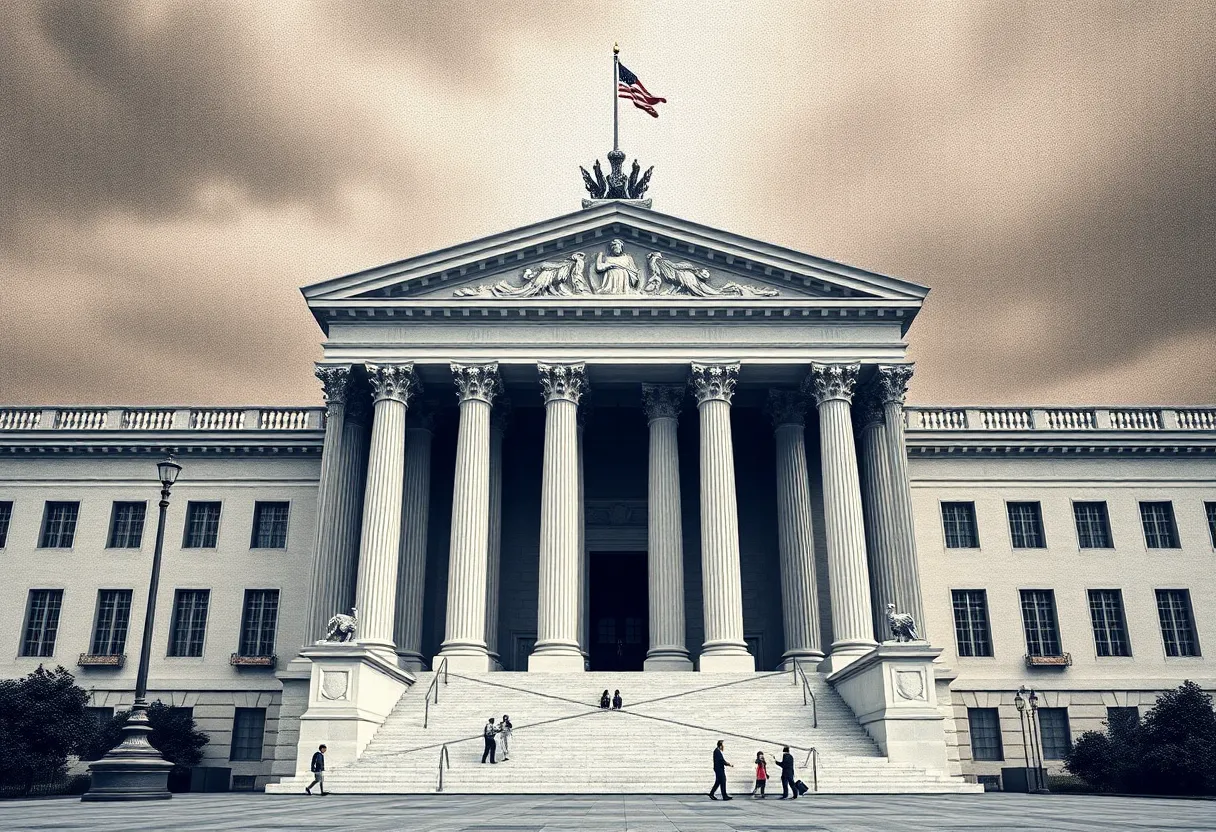 Abstract representation of a government building symbolizing the Federal Reserve under legal scrutiny.