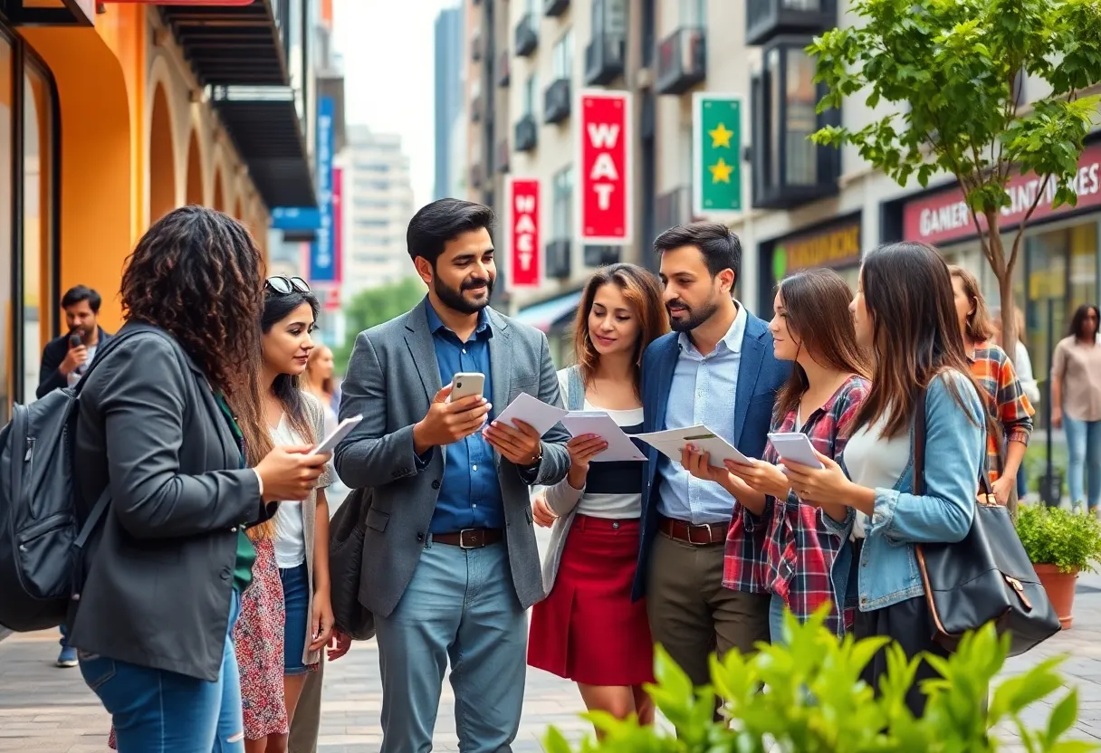Group of people discussing financial strategies in an urban environment