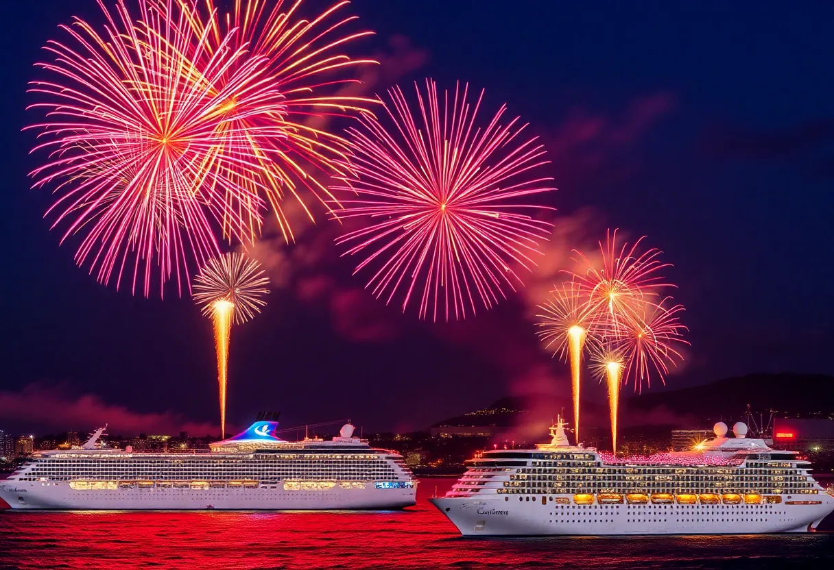 Fireworks illuminating the sky above San Diego Bay with Carnival Cruise ships nearby