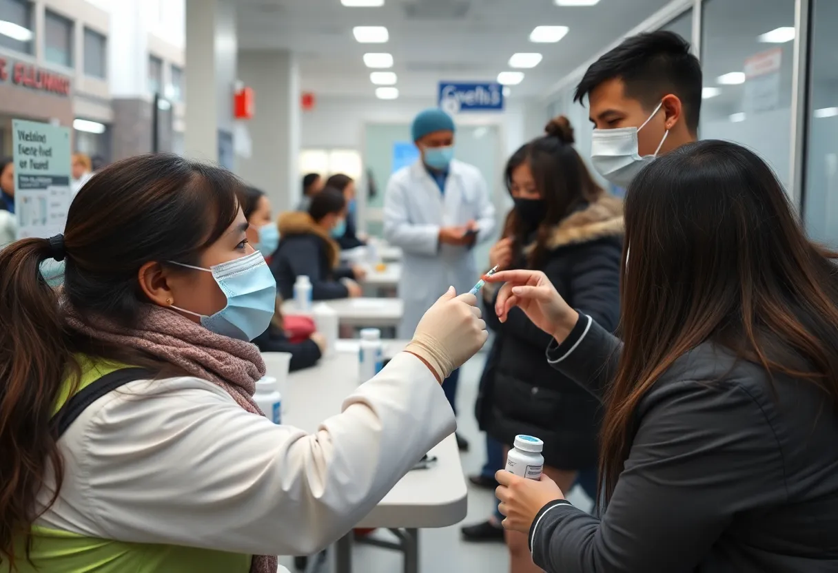 Healthcare professionals administering flu vaccinations to individuals in an urban setting.