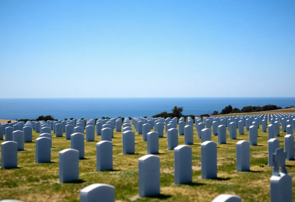 Rows of gravestones at Fort Rosecrans National Cemetery with ocean view