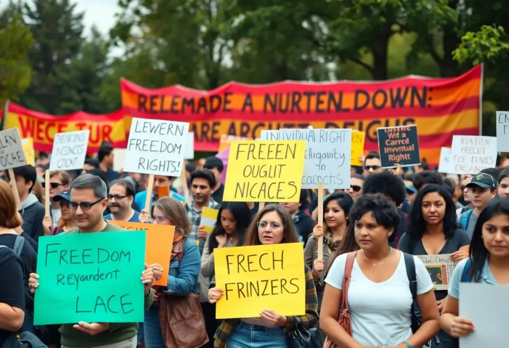Crowd demonstrating for freedom at the Free America Walkout