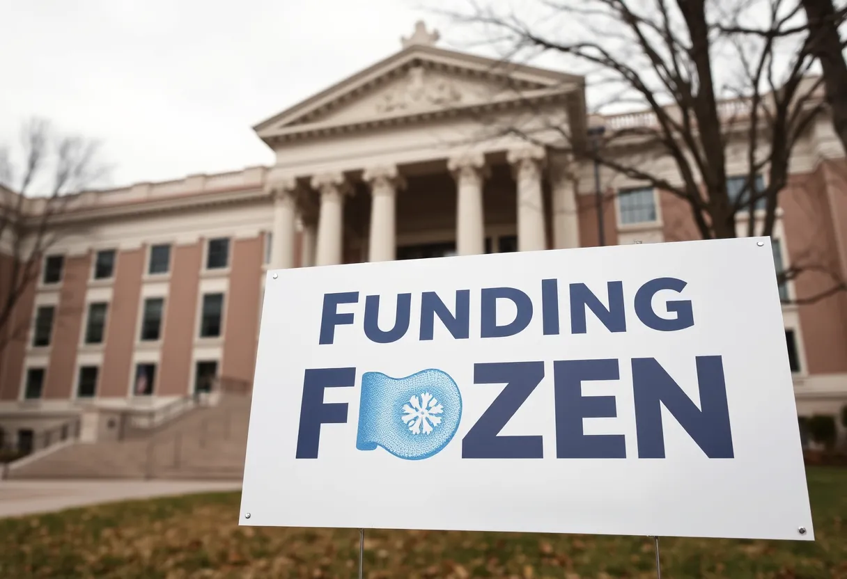 Government building with Funding Frozen sign representing halted child care support
