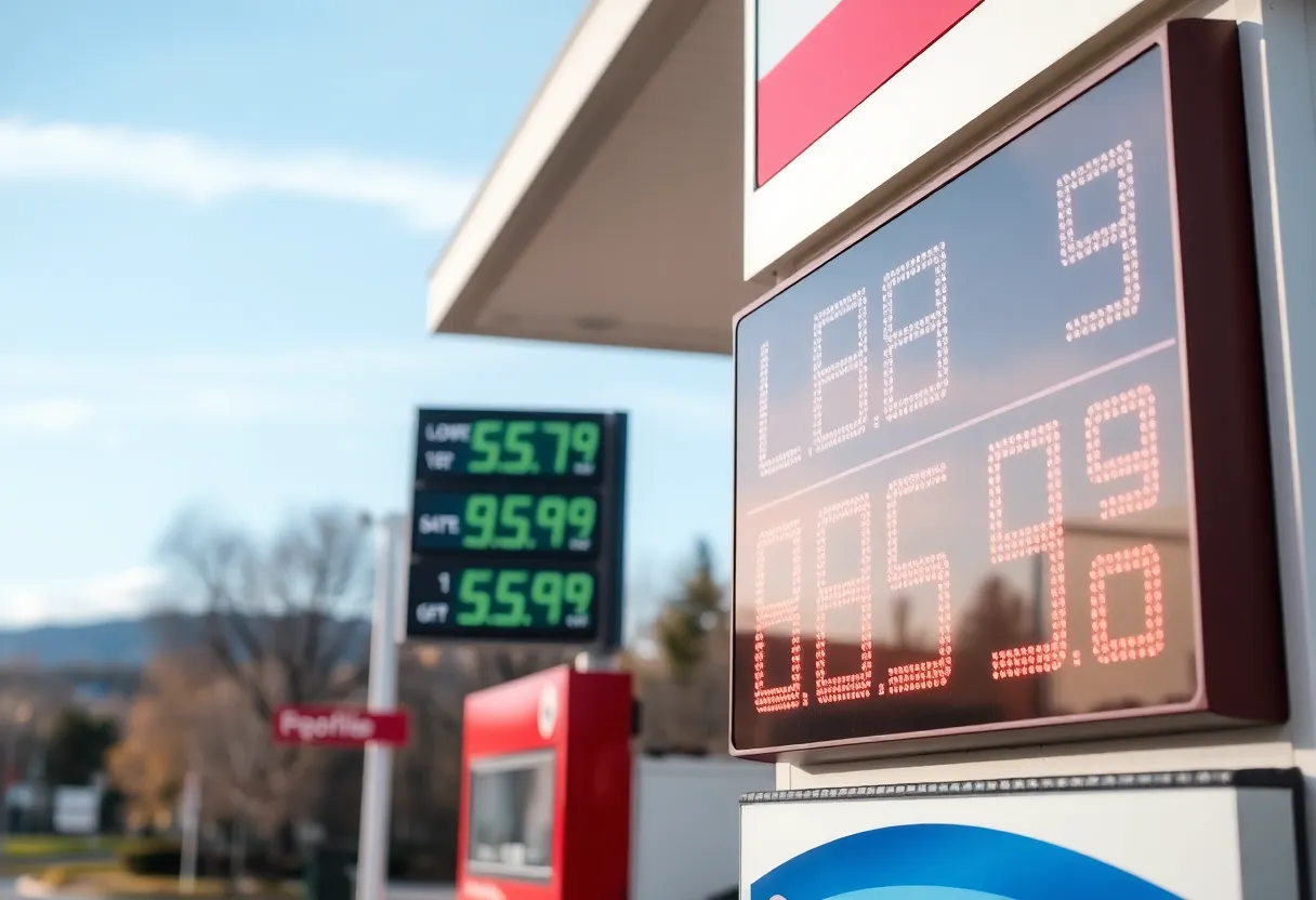 Gas station price sign showing reduced gas prices.