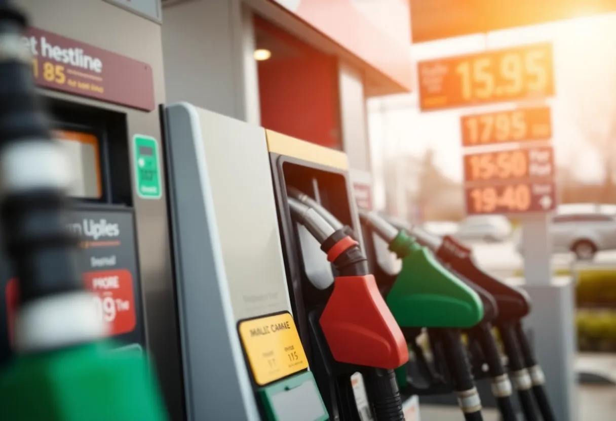 Fuel pumps displaying rising gasoline prices at a gas station.