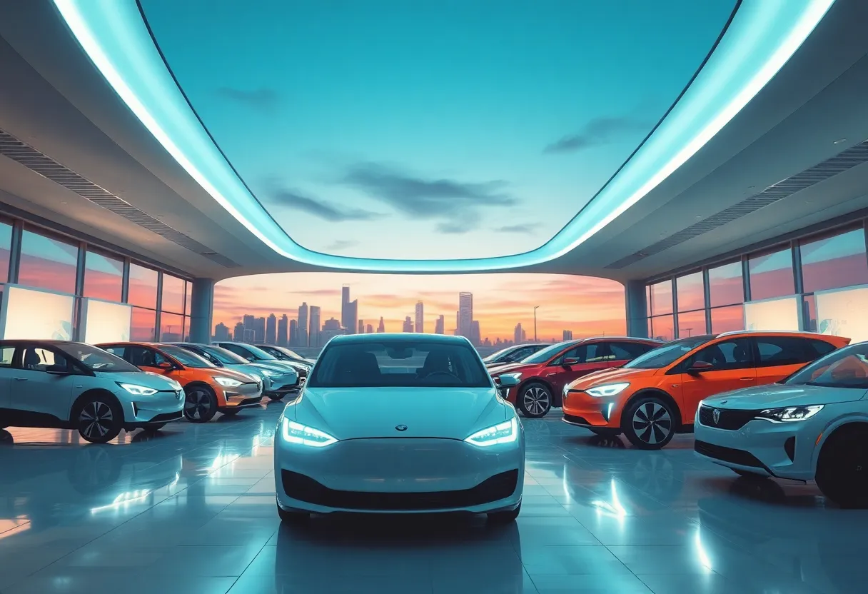 Futuristic showroom filled with electric vehicles