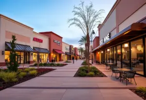 Modern shopping center after redevelopment with new storefronts and landscaping.
