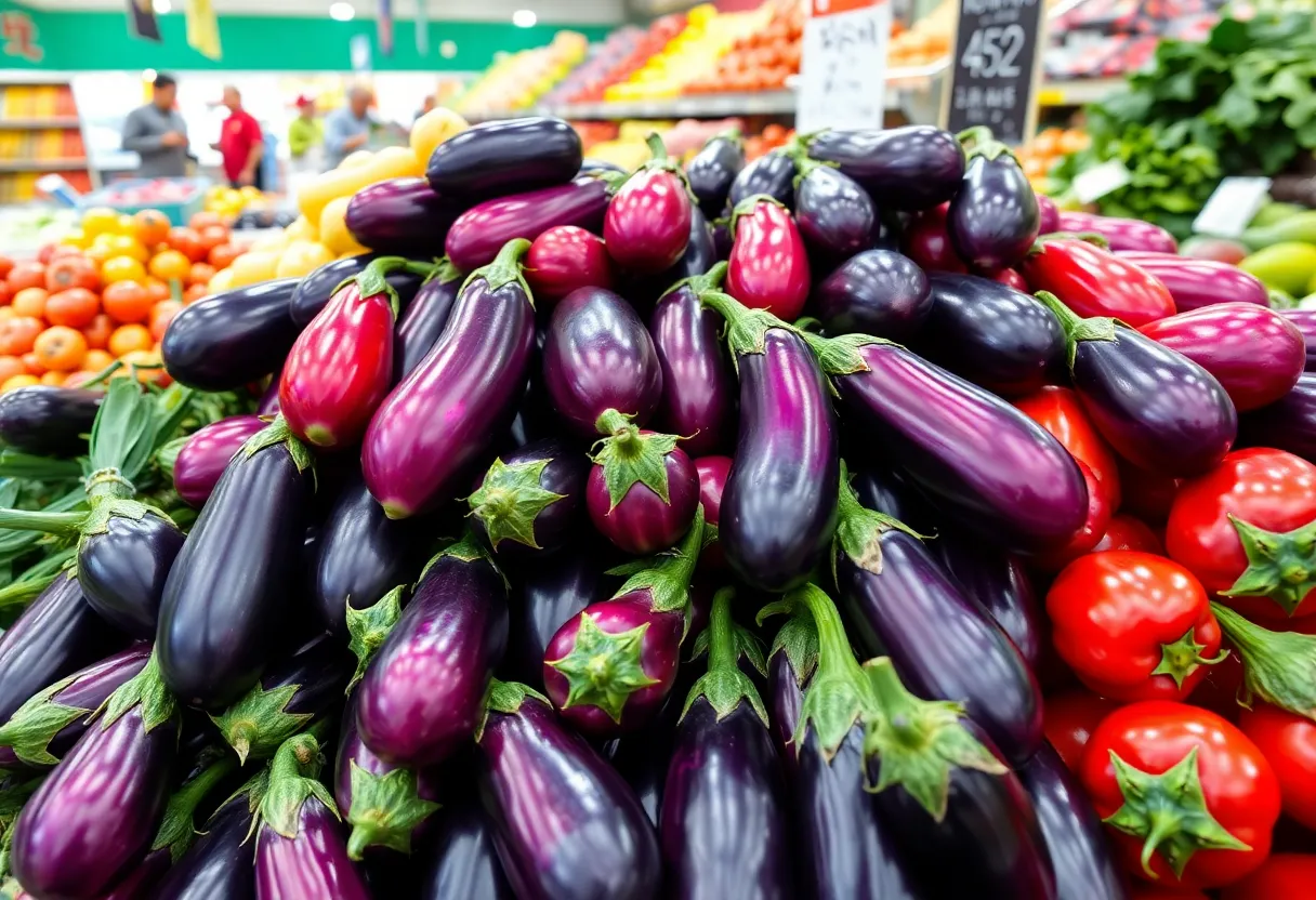 Fresh Chinese eggplants available at H Mart for $2.19 per pound.