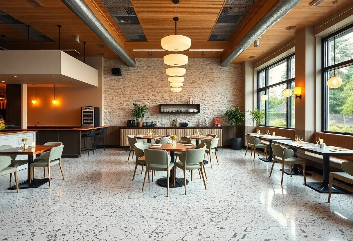 Interior view of Harland Brewing's full-service restaurant with mid-century design elements.