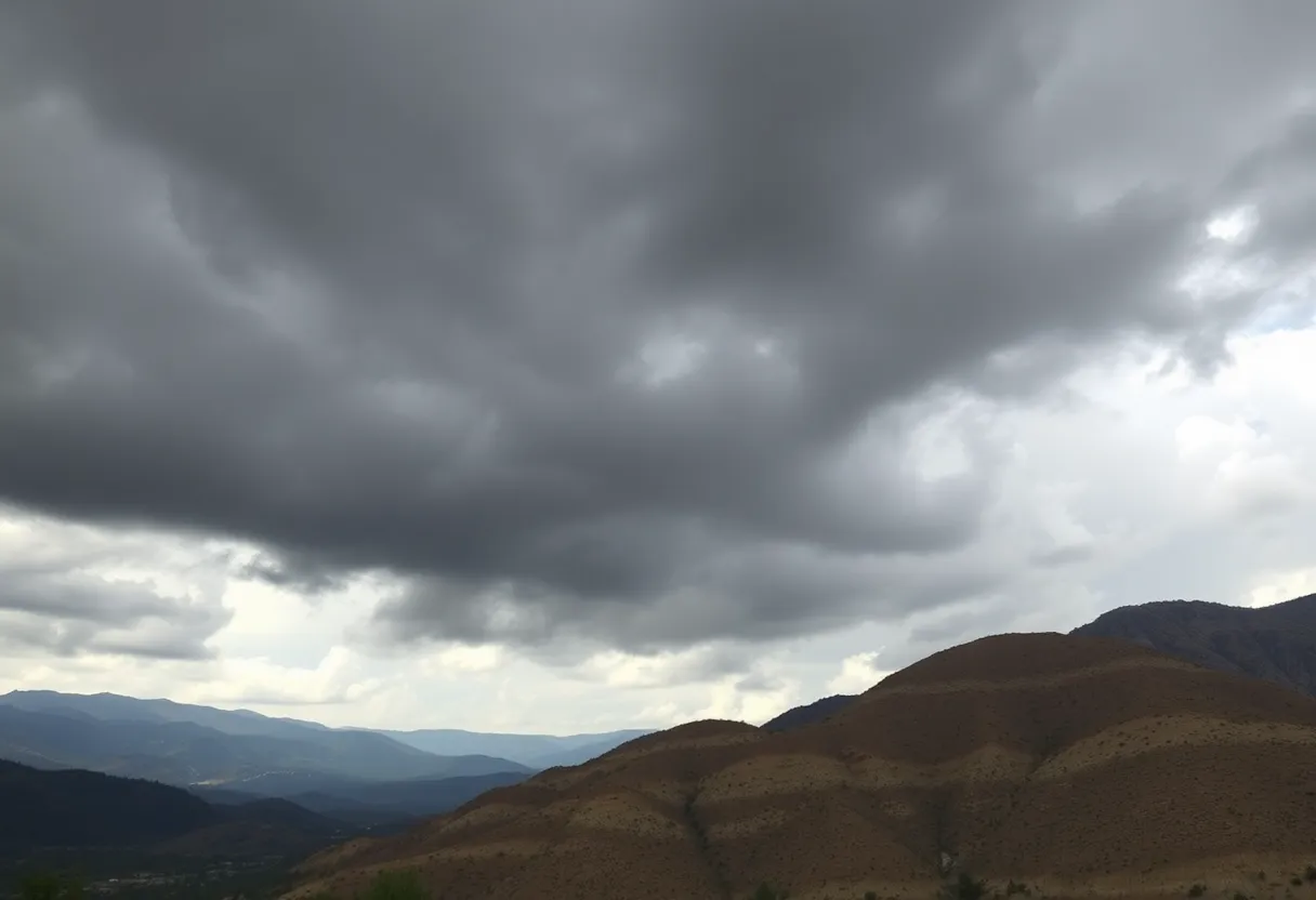 High wind warning in the San Bernardino County Mountains with dark clouds