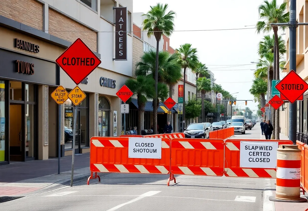 Construction site on 5th Avenue in Hillcrest with closed shops