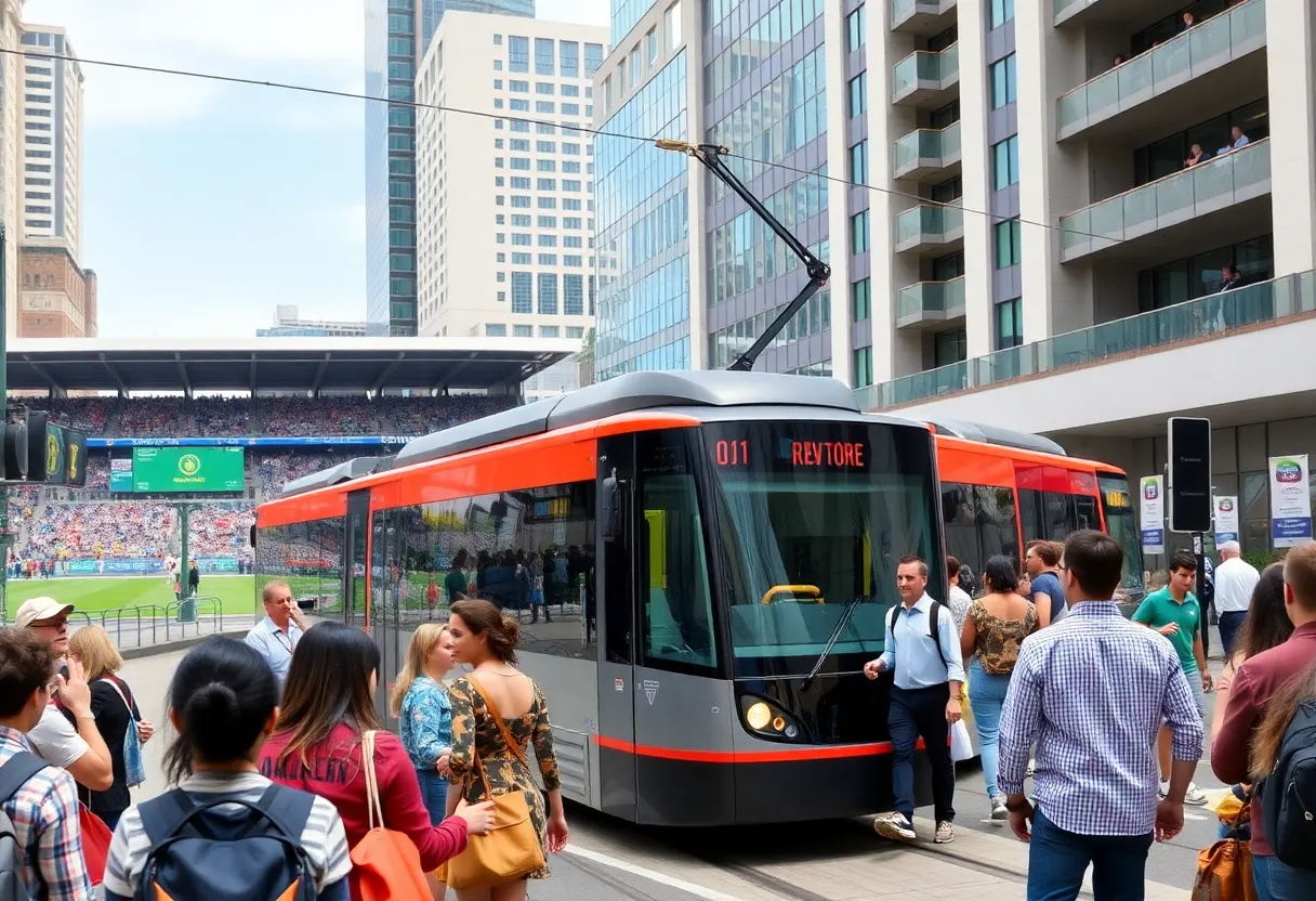 Attendees using the Green Line Trolley for the Holiday Bowl