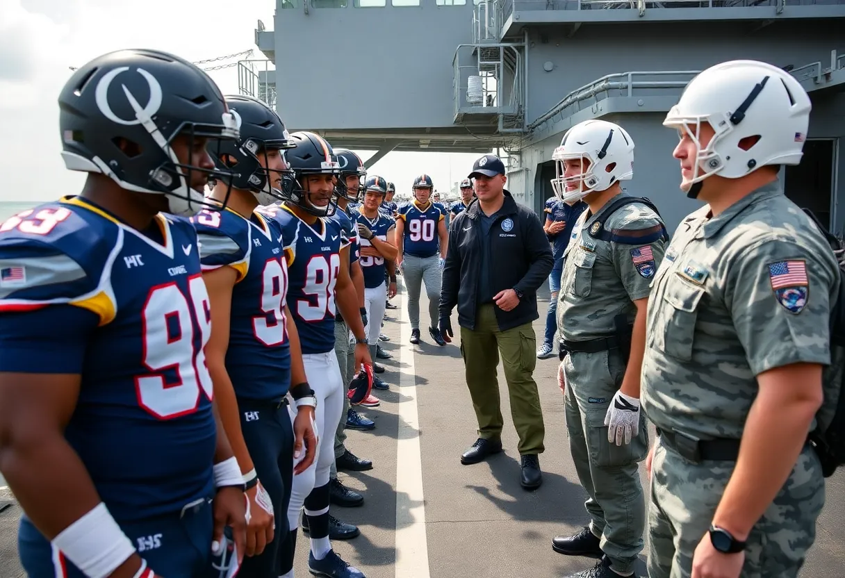 College football players from SMU and Arizona engaging with Navy personnel on the USS Makin Island.