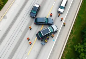 Aerial view of a multi-vehicle crash on I-15 near Balboa Avenue.