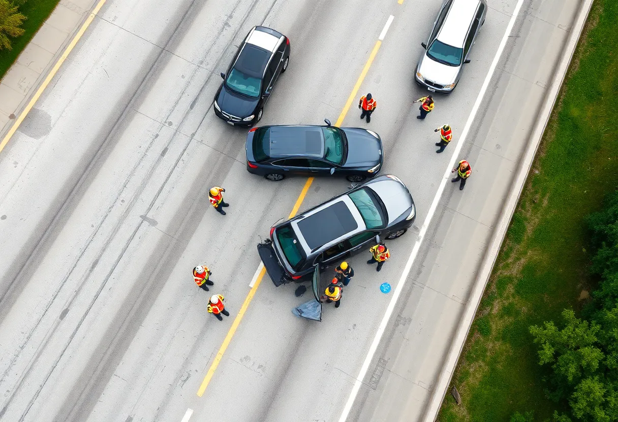 Aerial view of a multi-vehicle crash on I-15 near Balboa Avenue.