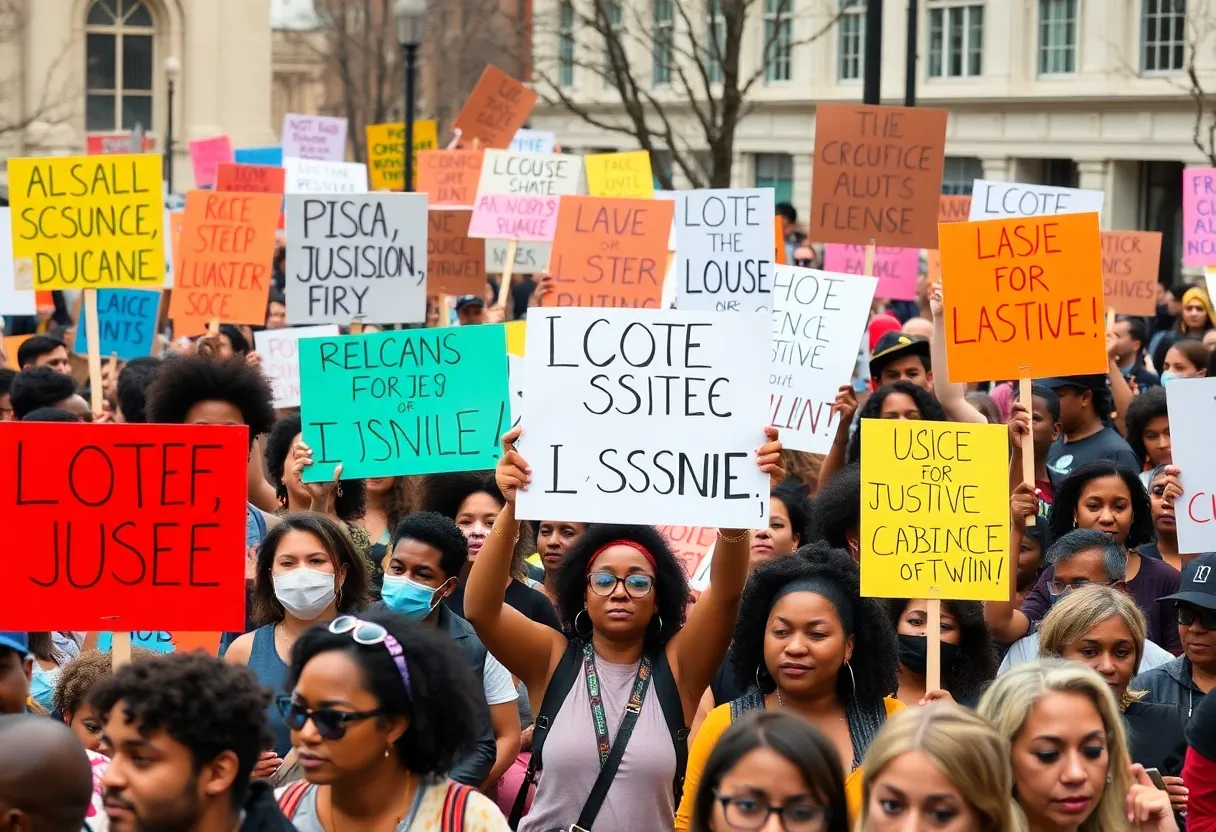 Crowd of protestors demonstrating for justice after ICE shooting incident.
