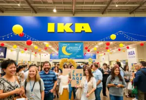 Crowd celebrating IKEA San Diego's 25th anniversary with decorations.