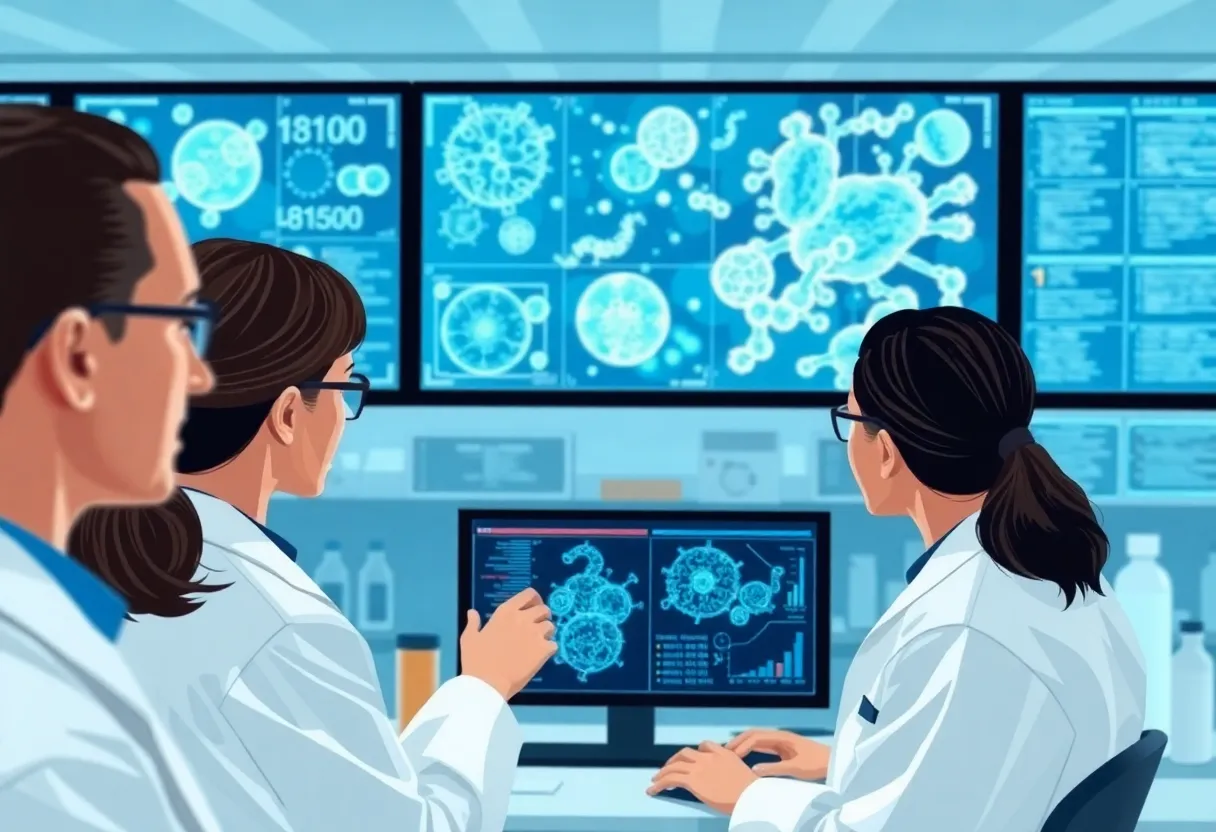 Researchers in a laboratory analyzing cellular data related to Illumina's cell atlas.