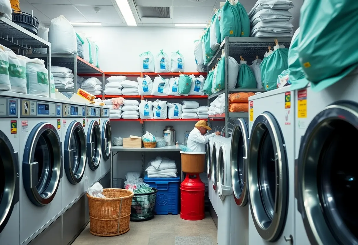 Efficient laundry service setup with organized workspace.
