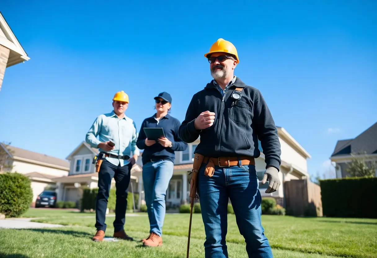 Property inspection team assessing a residential area for water damage risks.