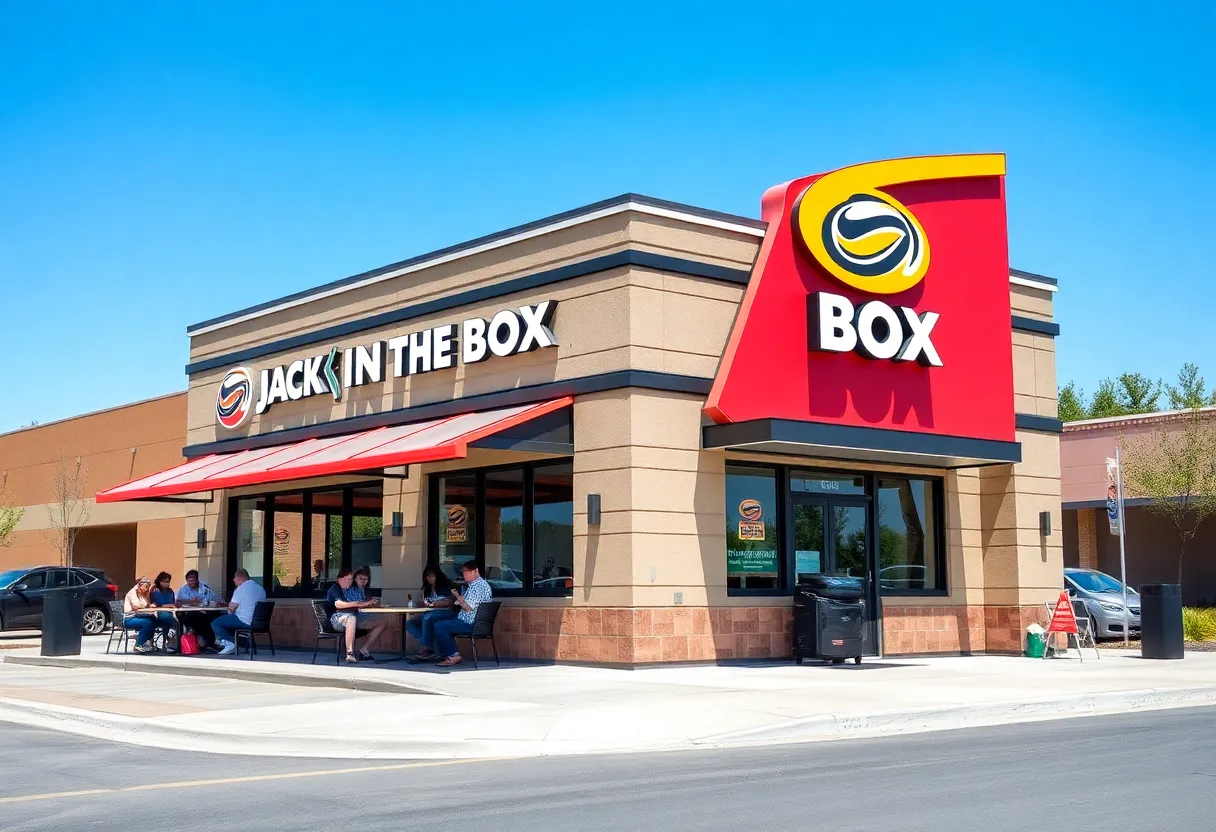 Exterior view of a Jack in the Box restaurant with patrons dining outside