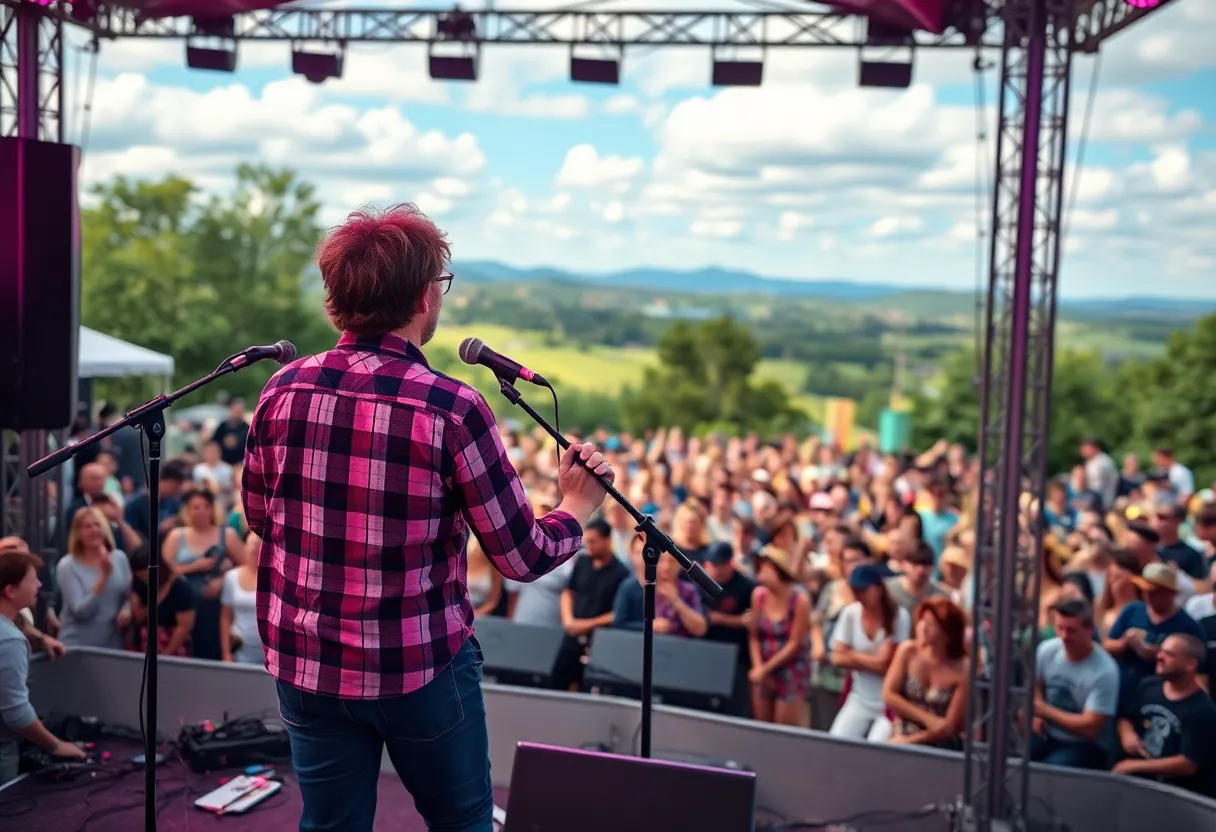 Outdoor concert featuring a performer on stage with audience enjoying the show.
