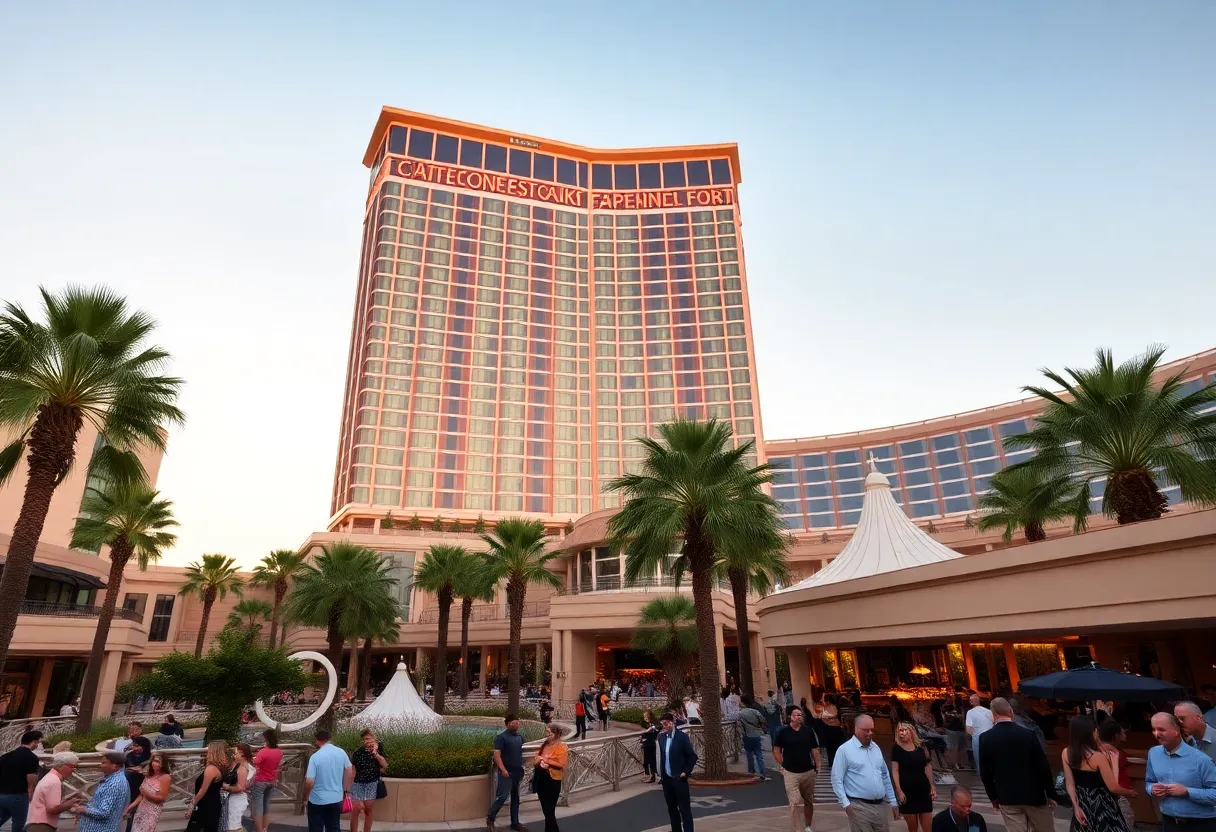 A high-end casino resort with a new hotel tower and vibrant outdoor area.