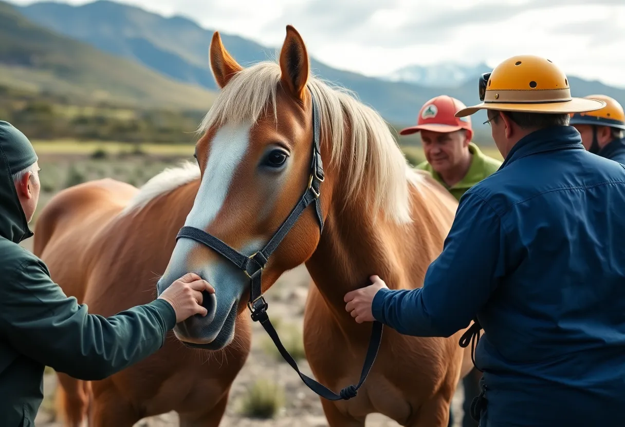 Elderly Palomino horse being rescued by a team in Alpine