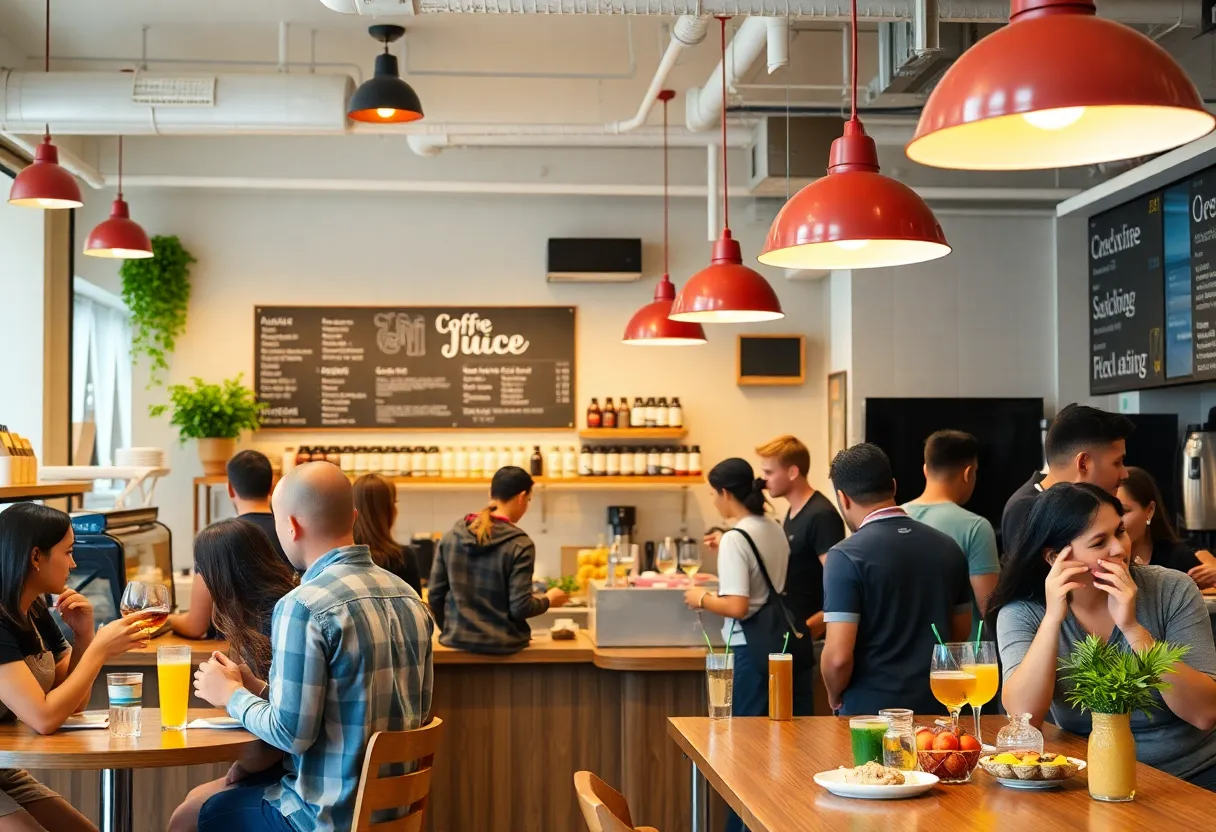 Customers enjoying drinks and food at Joe & The Juice café
