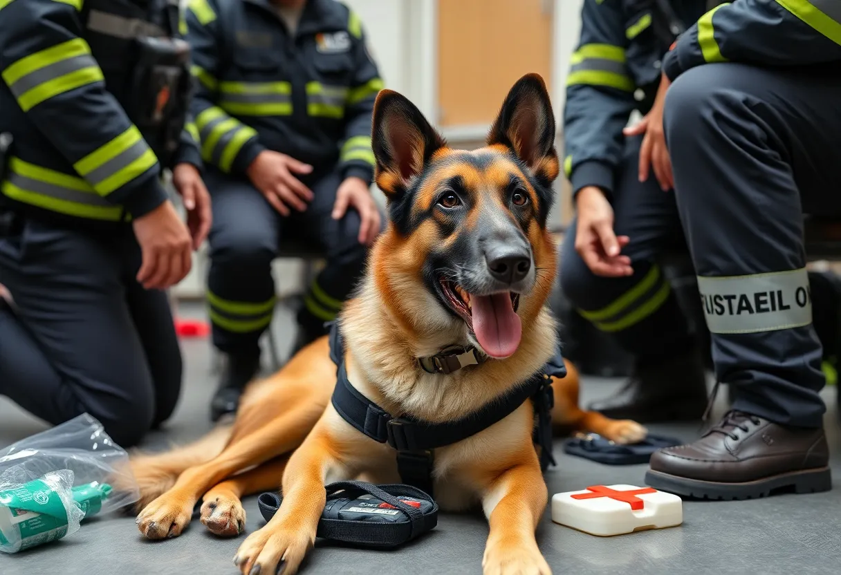 Police dog in a first aid training session with handlers.