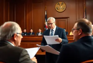 Investors discussing a class action lawsuit in a courtroom.