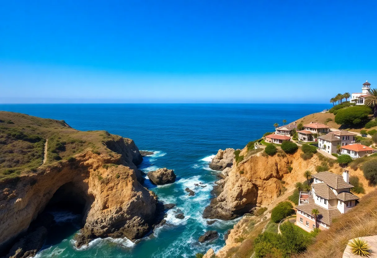 A picturesque view of the La Jolla coastline featuring cliffs and sea caves.